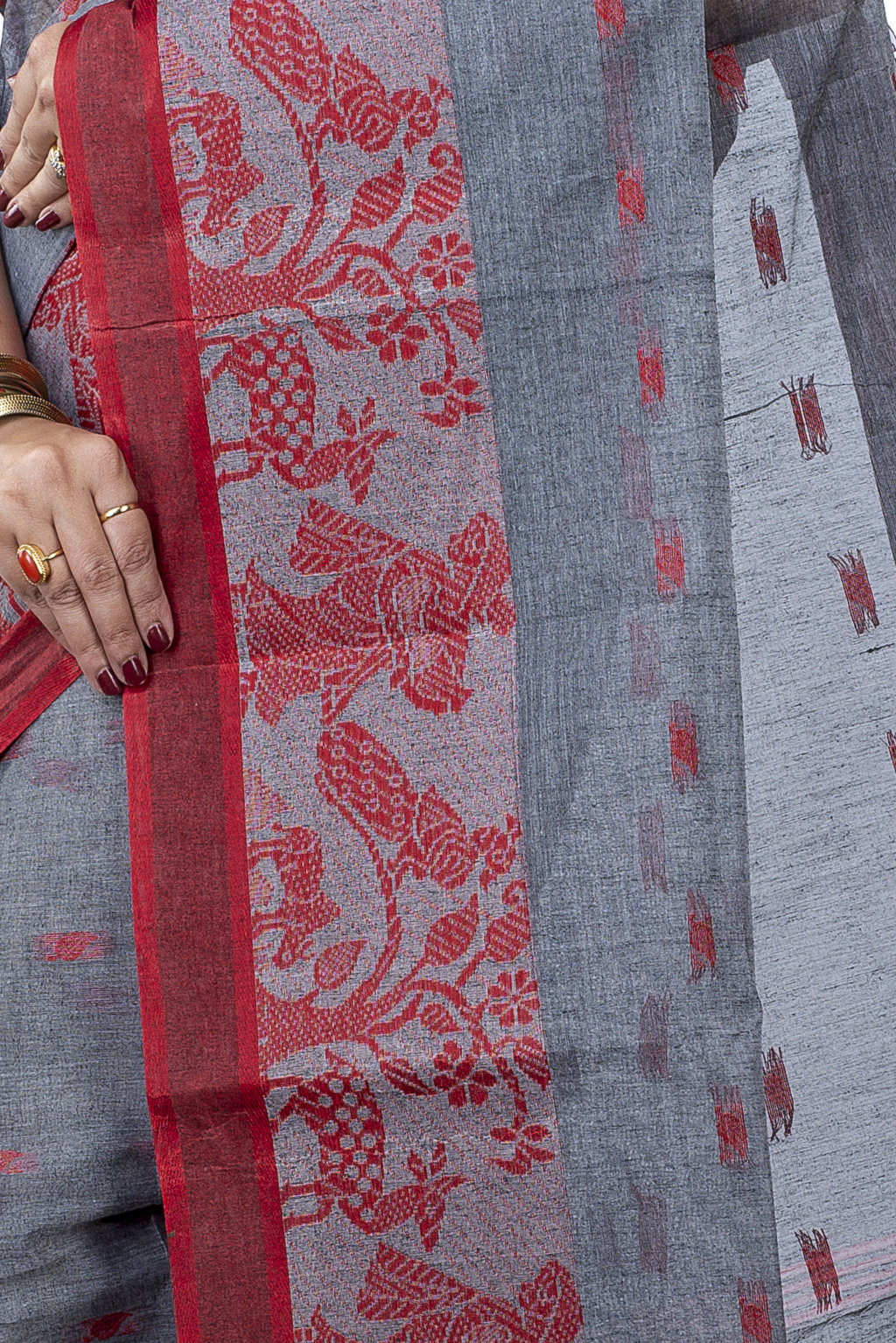 Grey Pure Cotton ParSakuntala Tant Saree (532)